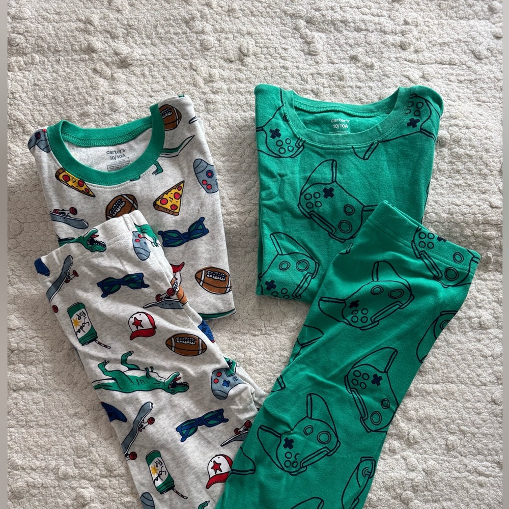 Carters Kids Green and Gray Pajama Set with Fun Prints- size 10